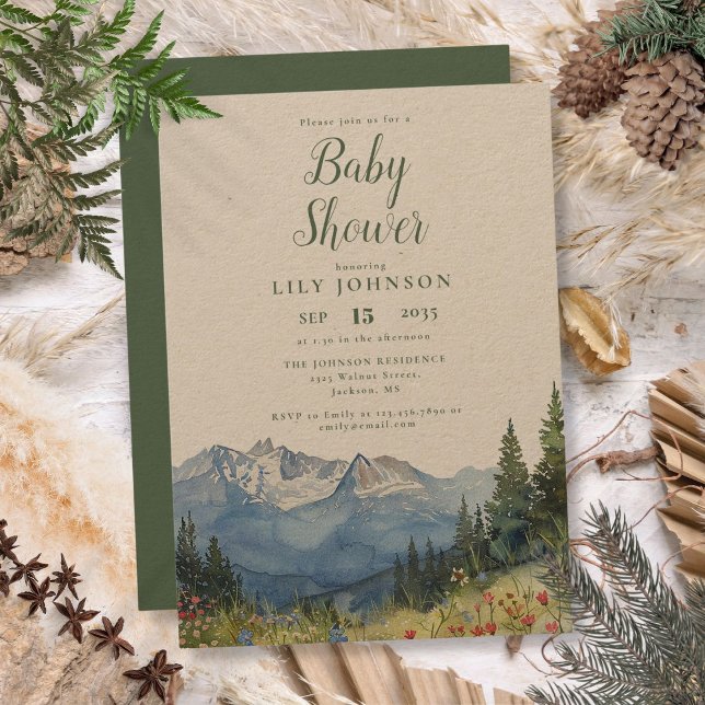 Rustic Watercolor Mountain Wildflower Baby Shower Invitation (Rustic Watercolor Mountain Wildflower Baby Shower Invitation)