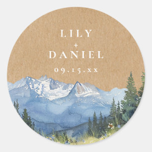 Rustic Watercolor Mountain Wildflower Wedding Classic Round Sticker