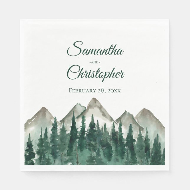Rustic Watercolor Mountains and Pine Wedding Napkin (Front)