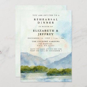 Rustic Watercolor Mountains Lake Rehearsal Dinner Invitation