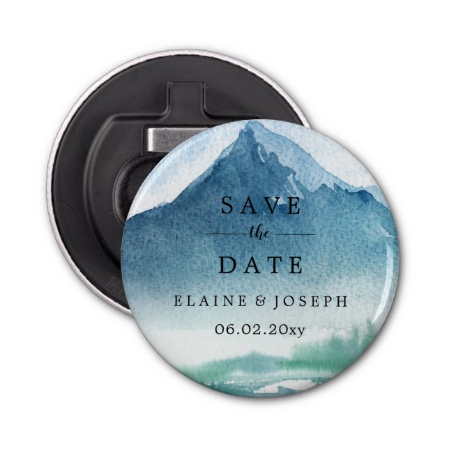 Rustic Watercolor Mountains Lake Save The Date Bottle Opener (Front)