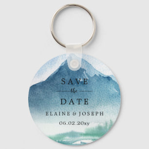 Rustic Watercolor Mountains Lake Save The Date Key Ring