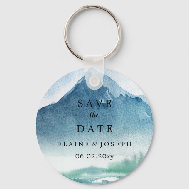 Rustic Watercolor Mountains Lake Save The Date Key Ring (Front)