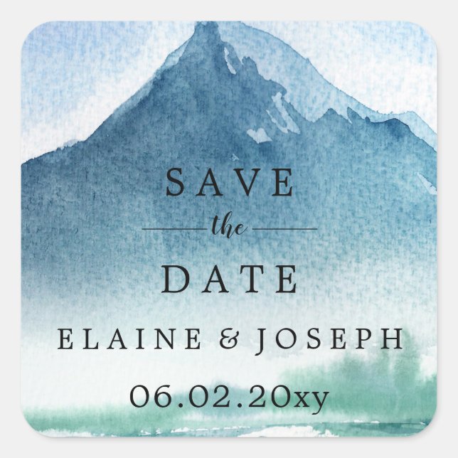 Rustic Watercolor Mountains Lake Save The Date Square Sticker (Front)