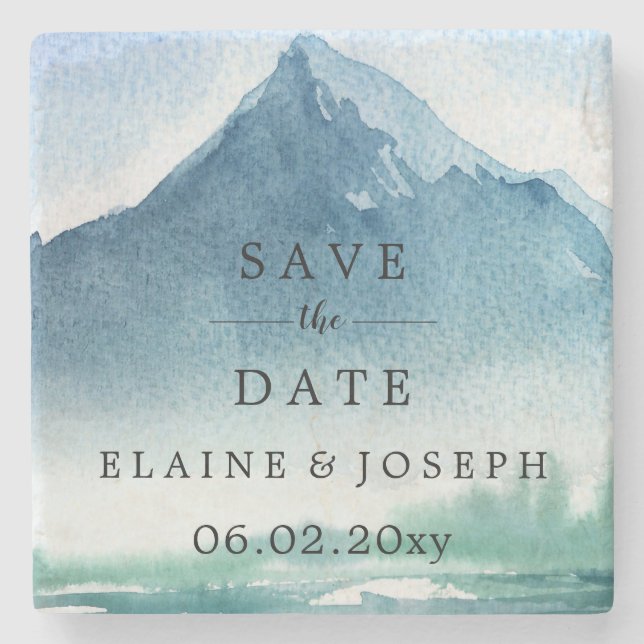 Rustic Watercolor Mountains Lake Save The Date Stone Coaster (Front)