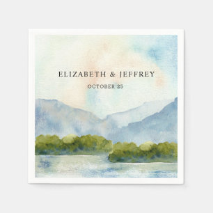 Rustic Watercolor Mountains Lake Winter Wedding Napkin