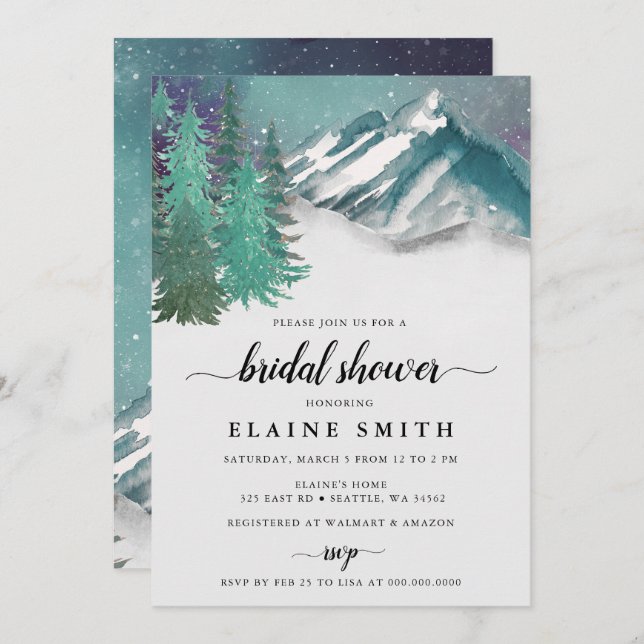 Rustic Watercolor Mountains Pine Bridal Shower Invitation (Front/Back)