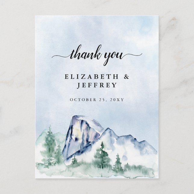 Rustic Watercolor Mountains Pine Thank You Card (Front)