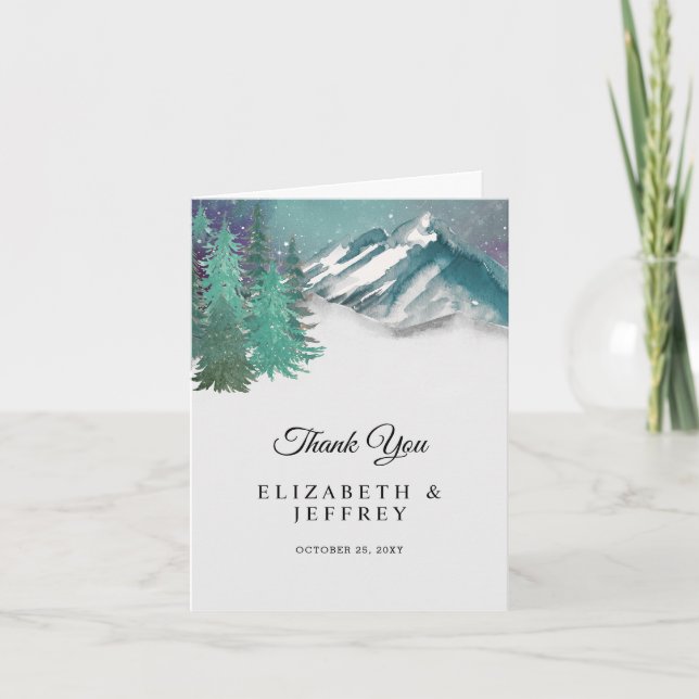 Rustic Watercolor Mountains Pine Thank You Card (Front)