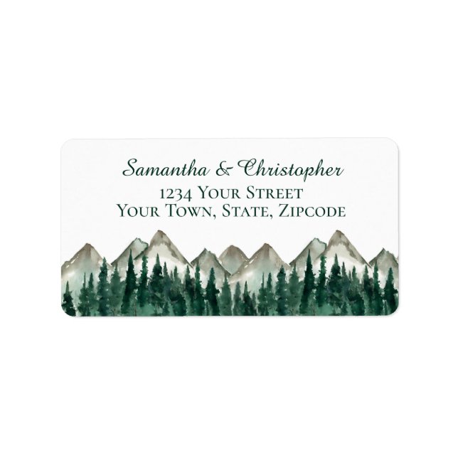 Rustic Watercolor Mountains & Pine Wedding Address Label (Front)