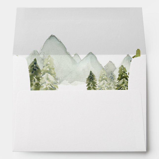 Rustic Watercolor Mountains Pine Winter Wedding Envelope (Back (Bottom))