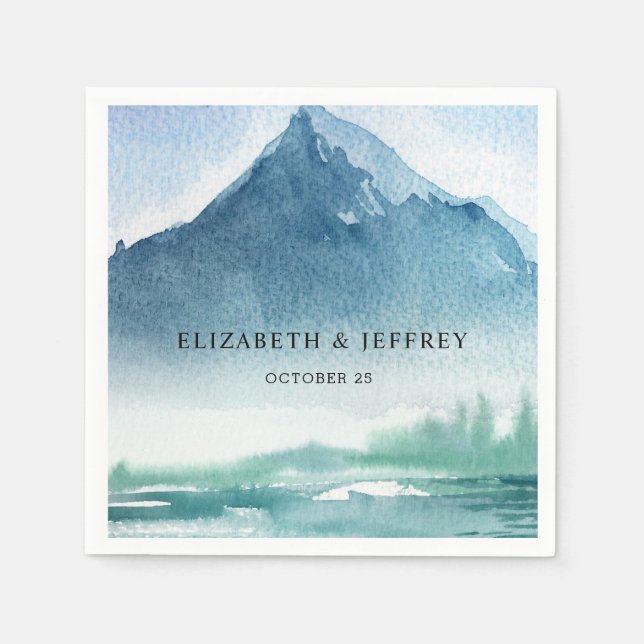 Rustic Watercolor Mountains Pine Winter Wedding Na Napkin (Front)