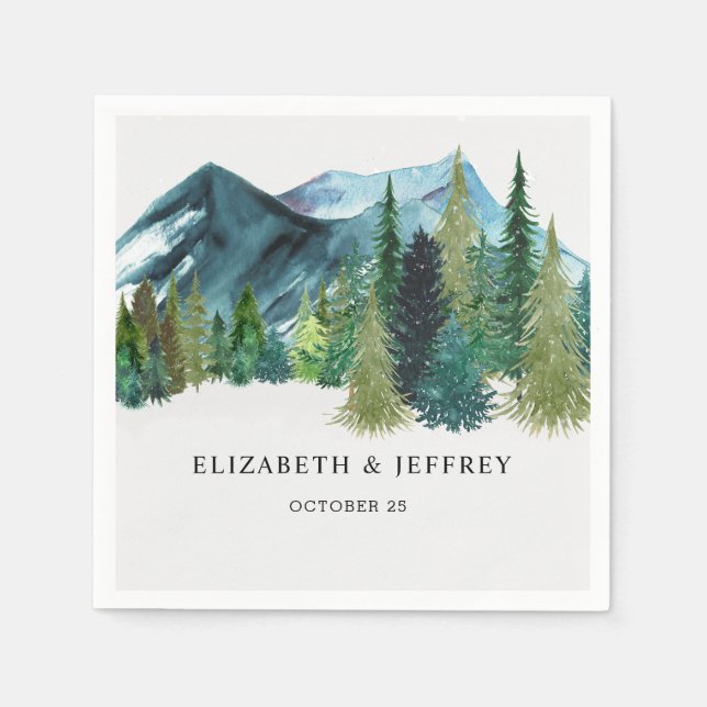 Rustic Watercolor Mountains Pine Winter Wedding   Napkin (Front)