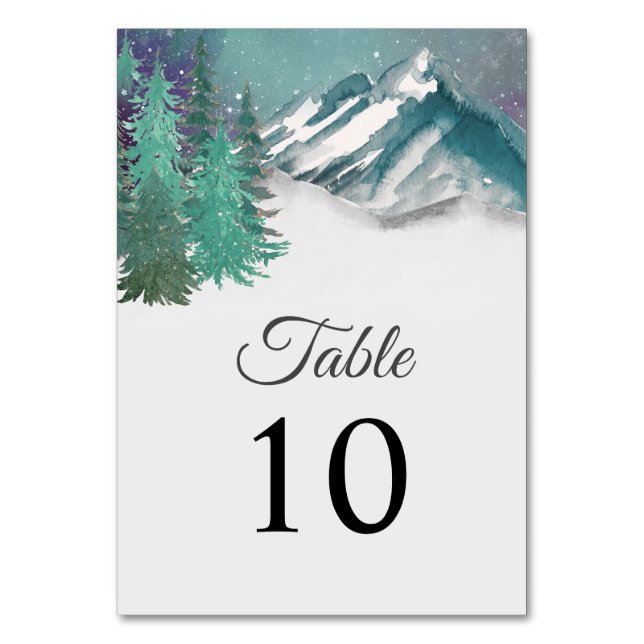 Rustic Watercolor Mountains Pine Winter Wedding   Table Number (Front)