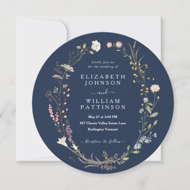 Rustic Watercolor Navy Blue Wildflower Wedding Invitation (Front)