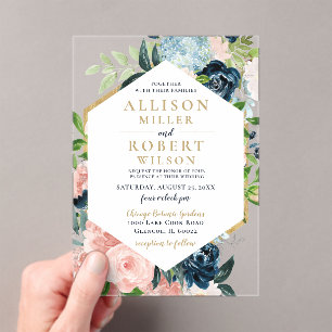 Rustic Watercolor Navy Blush Gold Floral Wedding I Acrylic Invitations