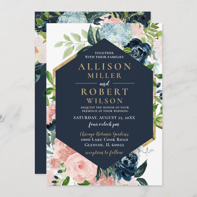 Rustic Watercolor Navy Blush Gold Floral Wedding Invitation (Front/Back)