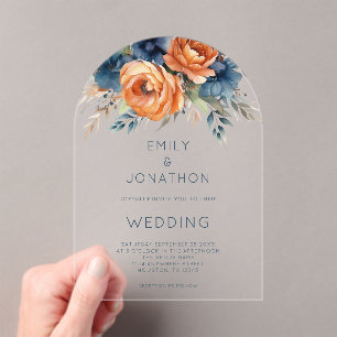 Rustic Watercolor Navy Burnt Orange Floral Wedding Acrylic Invitations