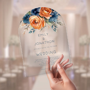 Rustic Watercolor Navy Burnt Orange Floral Wedding Acrylic Invitations