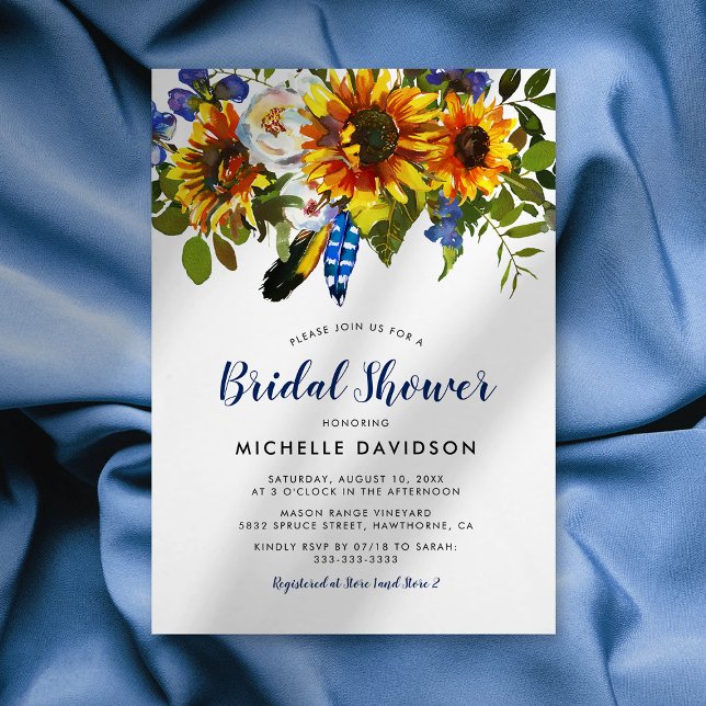 Rustic Watercolor Navy Sunflower Bridal Shower Invitation (Creator Uploaded)