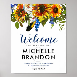 Rustic Watercolor Navy Sunflower Wedding Welcome Poster