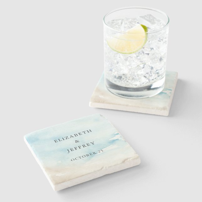 Rustic Watercolor Ocean Sea Summer Beach Wedding Stone Coaster (Side)