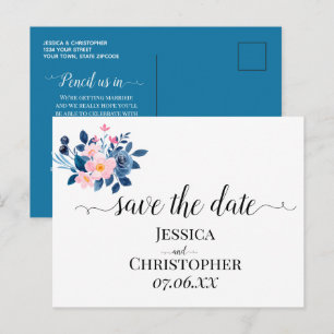 rustic watercolor of a pink & blue floral bouquet announcement postcard