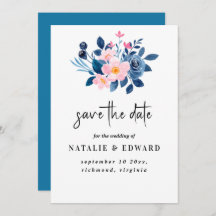 rustic watercolor of a pink & blue floral bouquet