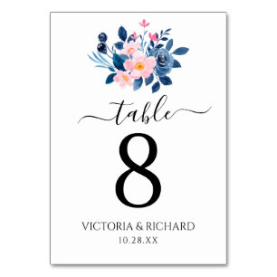 rustic watercolor of a pink & blue floral bouquet table number