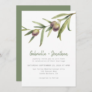 Rustic Watercolor Olive Branch Green Wedding Invitation