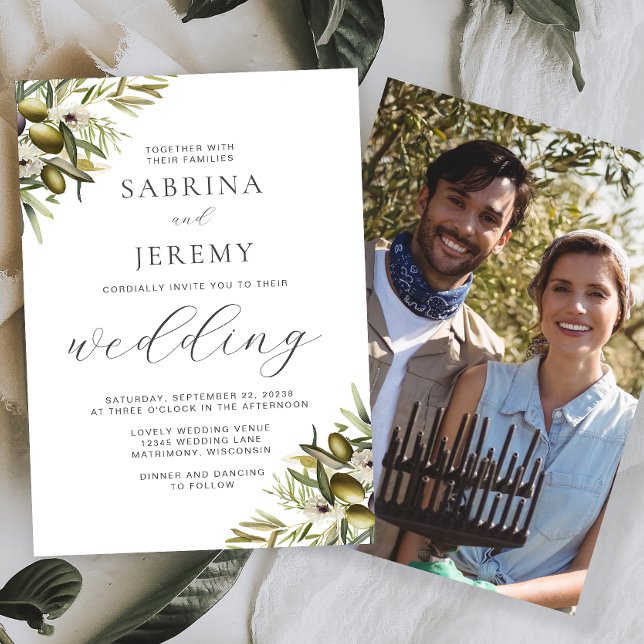 Rustic Watercolor Olive Branch Photo Wedding Invitation (Creator Uploaded)