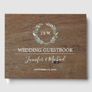 Rustic Watercolor olive leaves dark wood Wedding Guest Book