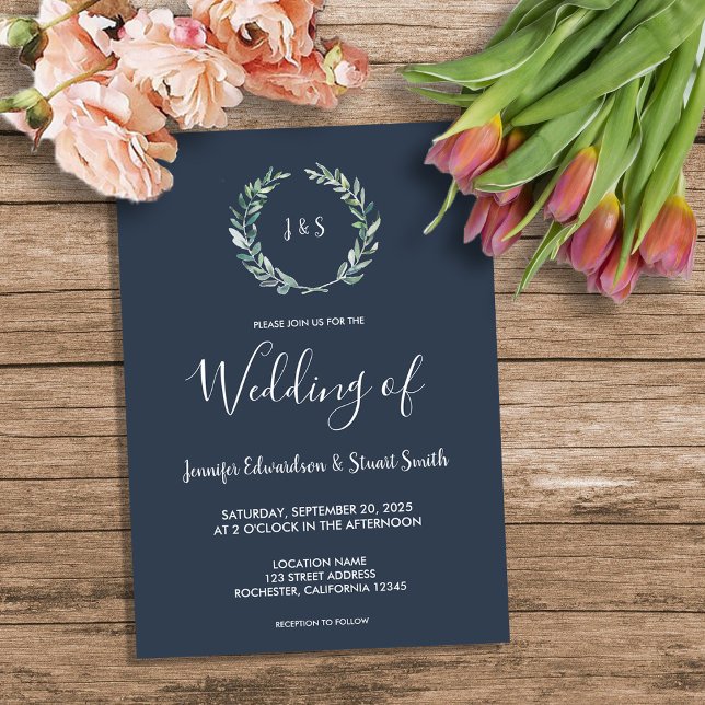 Rustic watercolor olive leaves monogram Wedding Invitation (Rustic watercolor olive leaves monogram Wedding Invitation.)