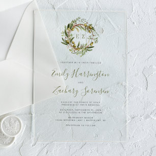 Rustic Watercolor Olive Wreath Wedding Acrylic Invitations