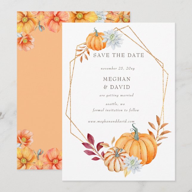 Rustic Watercolor Orange Pumpkins Fall Wedding Announcement (Front/Back)