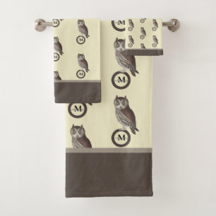 Rustic Watercolor Owl Monogram Name Ivory Cream  Bath Towel Set