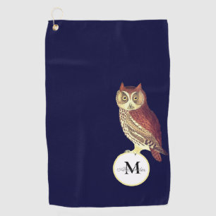 Rustic Watercolor Owl Monogram Name Navy Blue Golf Towel