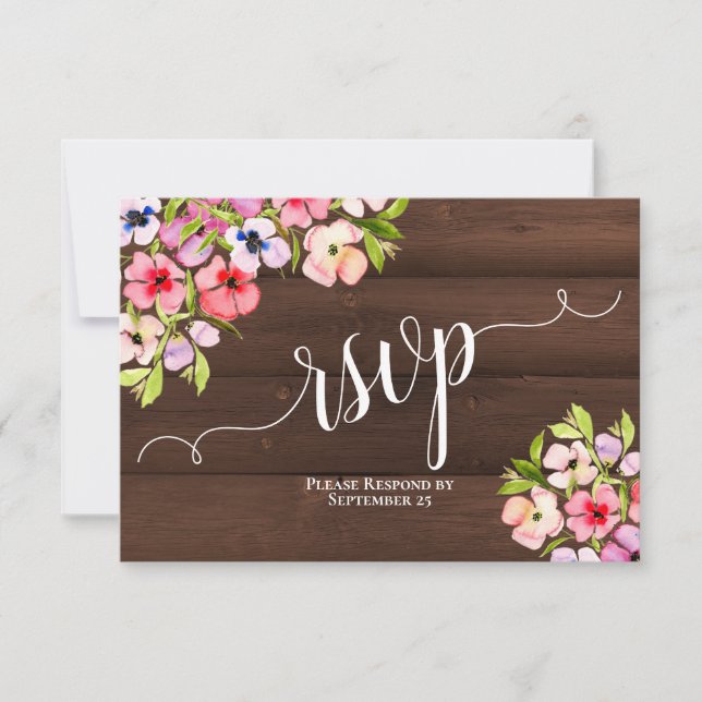 Rustic Watercolor Pansies on Barn Wood Wedding RSVP Card (Front)