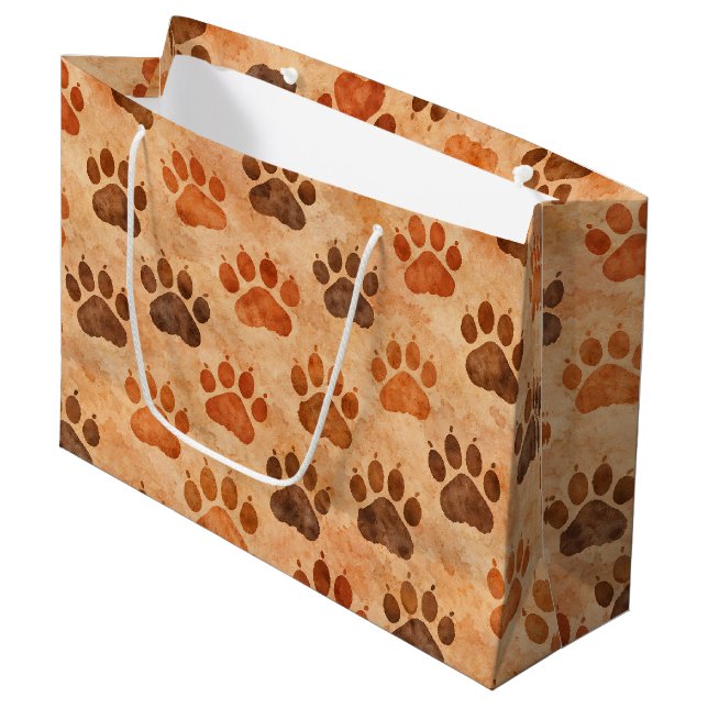 Rustic Watercolor Paw Print Pattern (1) Large Gift Bag (Front Angled)