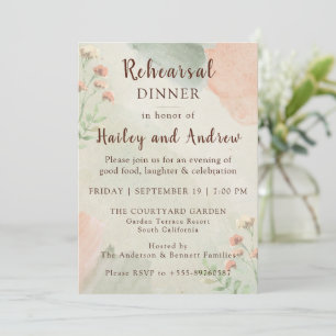 Rustic Watercolor Peach & Green Rehearsal Dinner  Invitation