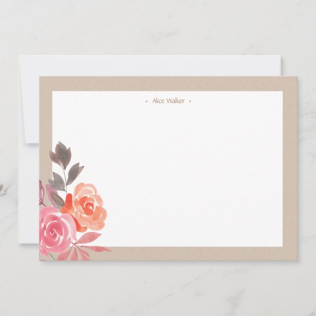 Rustic Watercolor Peonies Kraft Stationery Card (Front)