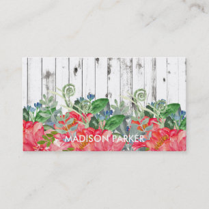 Rustic Watercolor Peonies on Distressed White Wood Business Card