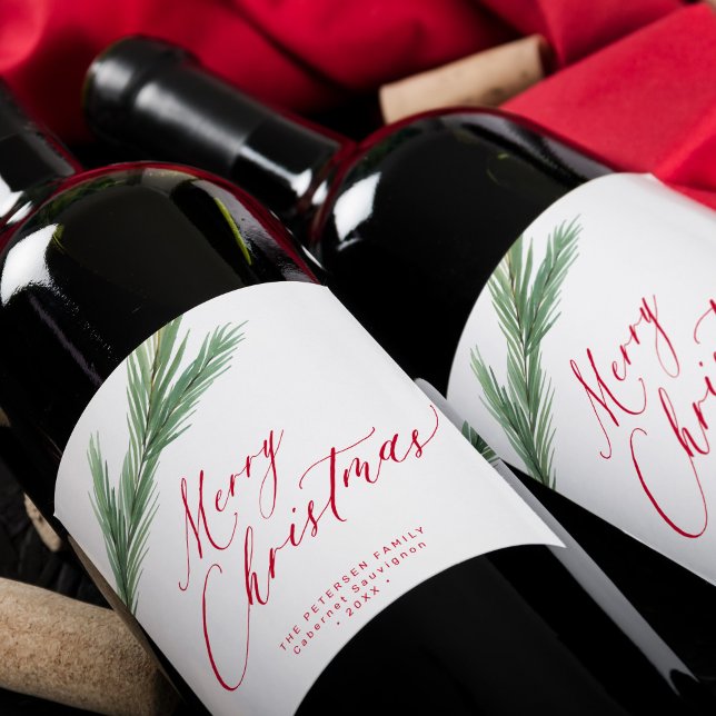 Rustic watercolor pine bough Christmas red white Wine Label (Creator Uploaded)