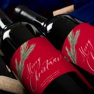 Rustic watercolor pine bough Christmas red Wine Label