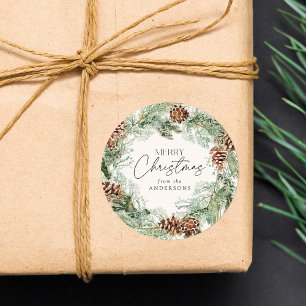 Rustic Watercolor Pine Cone Wreath Merry Christmas Classic Round Sticker