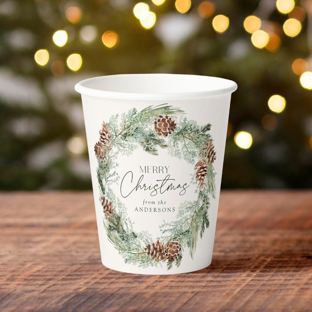 Rustic Watercolor Pine Cone Wreath Merry Christmas Paper Cups (Creator Uploaded)