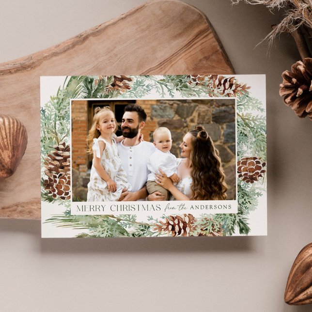 Rustic Watercolor Pine Cone Wreath Photo Holiday Card (Creator Uploaded)