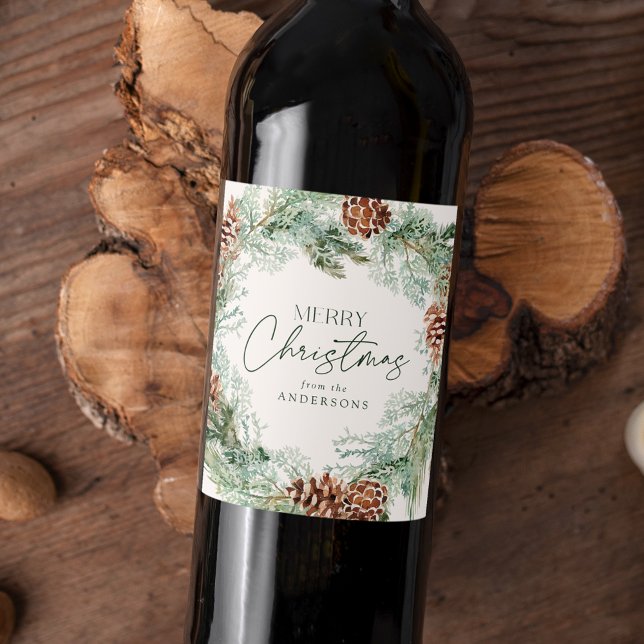 Rustic Watercolor Pine Cone Wreath Wine Label (Creator Uploaded)