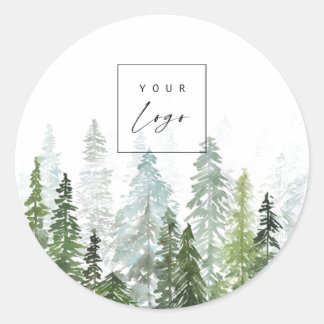 Rustic Watercolor Pine Forest Custom Logo  Classic Round Sticker