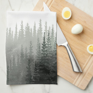 Rustic Watercolor Pine Forest Monogrammed Tea Towel